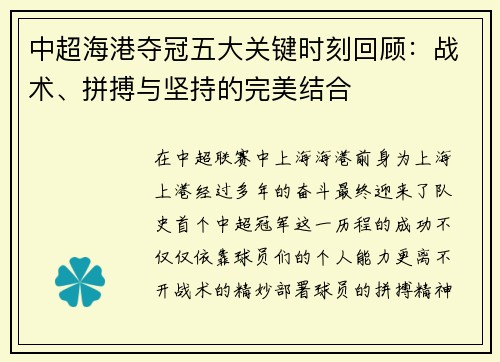 中超海港夺冠五大关键时刻回顾：战术、拼搏与坚持的完美结合