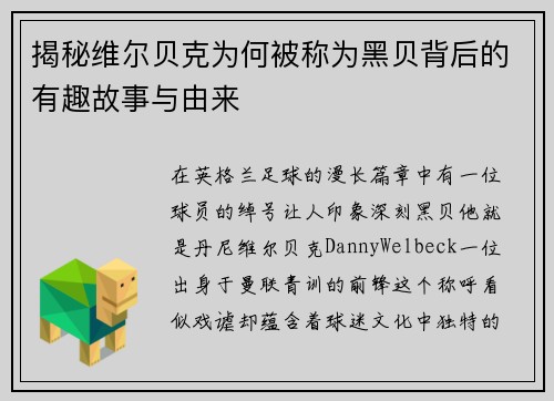揭秘维尔贝克为何被称为黑贝背后的有趣故事与由来